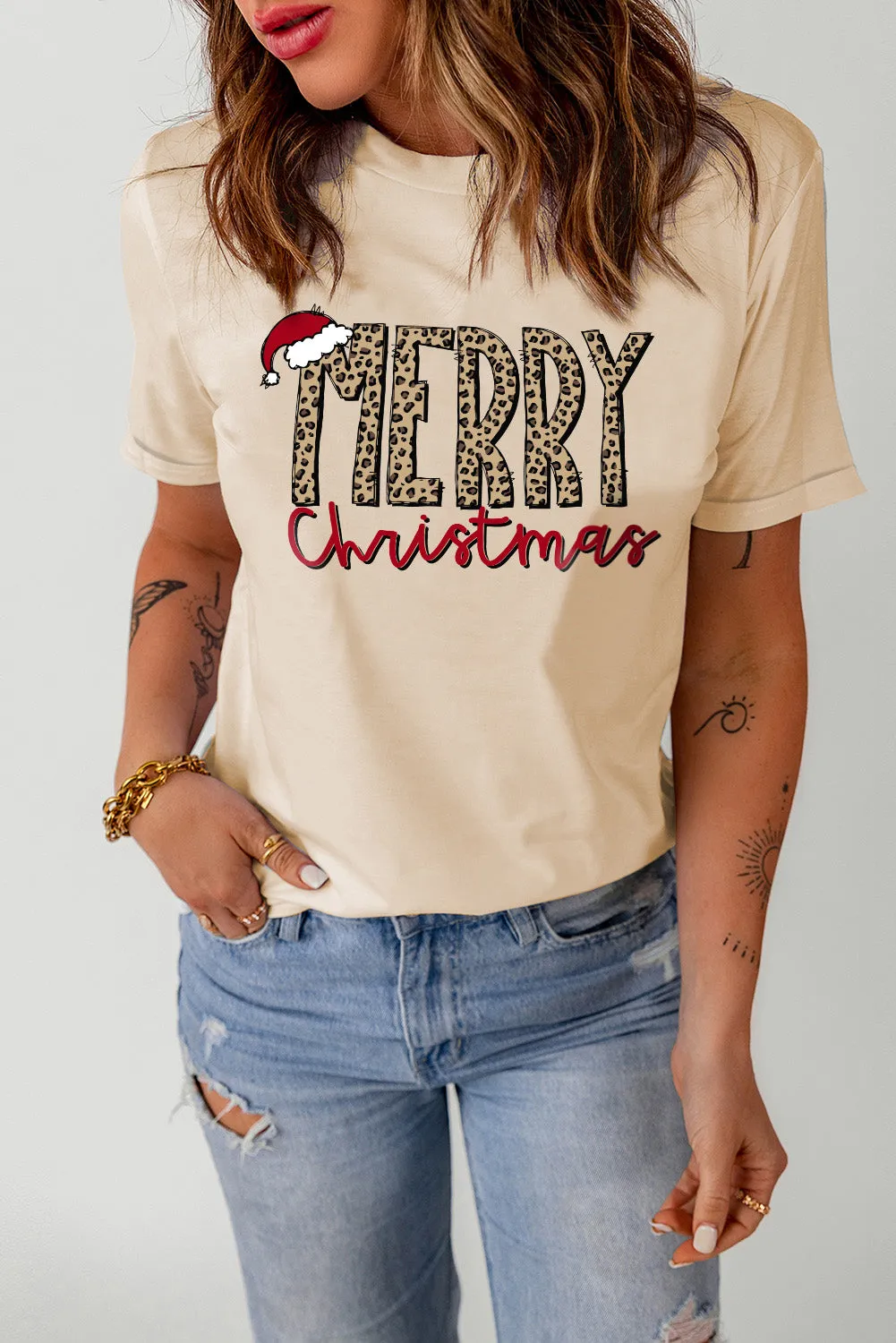 Beige Christmas Hat Print Graphic Tee Top